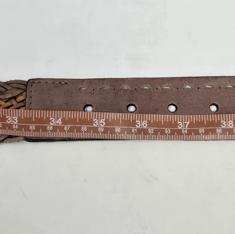 VINTAGE LUCKY BRAND BROWN TAN WOVEN LEATHER BELT OVERSIZE SILVER BUCKLE WOMEN L